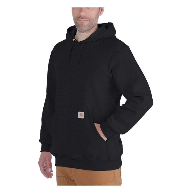 From job site to weekend projects; this Carhartt hoodie offers easy-wearing warmth. Carhartt durability and familiar hoodie comfort mean you can swing a hammer or relax with equal ease. A midweight cotton blend offers everyday versatility. Loose fit Attached three-piece hood with adjustable draw cord Two lower front hand warmer pockets Stretchable; elastane reinforced rib knit cuffs and waistband Carhartt label sewn on pocket Woven 10.5 oz/ydý - 357 gsm Midweight Fleece