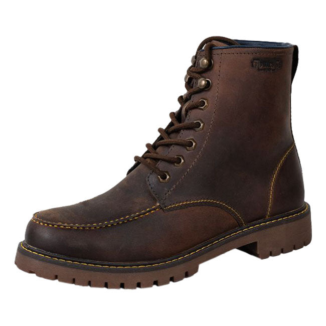 The Trip Machine Moc-toe boots is a classic that has stood the test of time. Originally designed in the early 1900s for factory workers; the boots are crafted with a distinctive moccasin-style toe; which provides extra protection and durability for the toe area. The Moc-toe features an additional 1.8 mm mould at the toe and heel along with ankle protectors. Crafted from heavy duty abrasion resistant leather; the boots are engineered to protect in case of the unfortunate slide. The sole is resin based that's