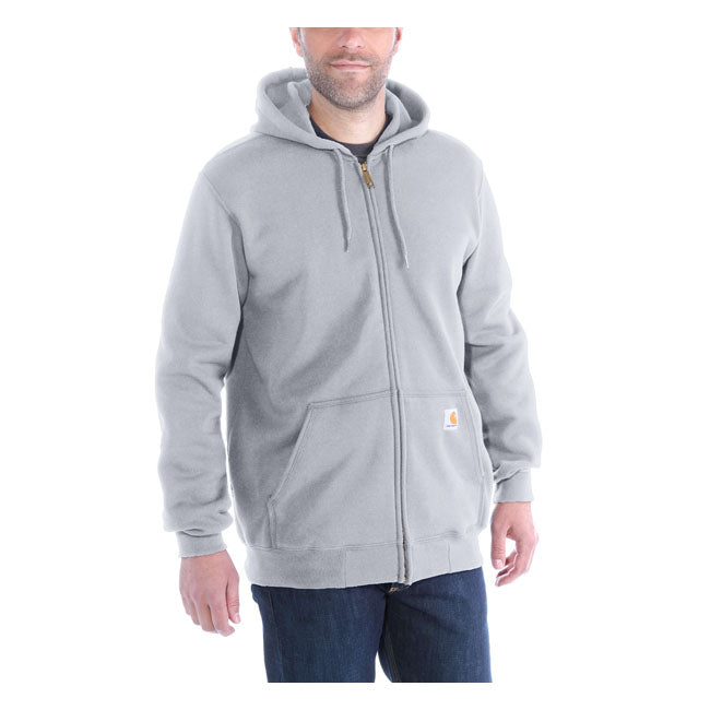 From job site to backyard barbecue; this Carhartt full zip hoodie offers easy-wearing warmth. Carhartt durability and familiar hoodie comfort mean you can swing an axe or flip a burger with equal ease. A midweight cotton blend offers everyday versatility. Loose Fit Attached three-piece hood with adjustable draw cord Long Sleeve Two lower front hand warmer pockets Full-length front zipper Stretchable; elastane reinforced rib knit cuffs and waistband Carhartt label sewn on pocket Woven 10.5 oz/ydý -