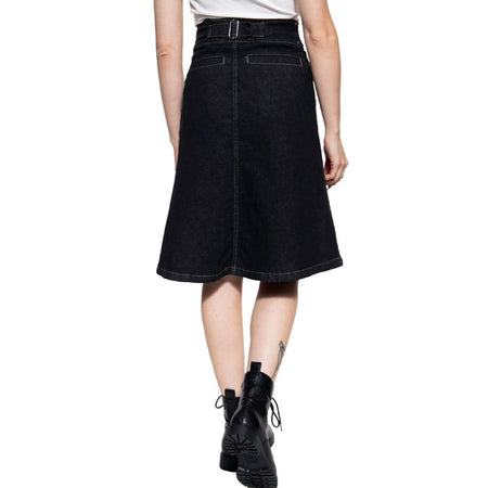 The denim Biker pencil skirt from Queen Kerosin adds a rock-chic touch to your look and ensures authentic style. Its flared cut combined with the wide; higher-cut waistband at the front creates a cool silhouette. Subtle rivets; back pockets; and a small metal logo emblem on the side add lovely details. A metal buckle at the back allows for a custom fit. The side zipper with hook closure makes it easy to put on; while the stretchy cotton blend offers freedom of movement and comfort.