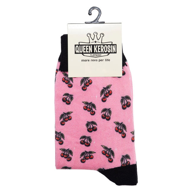 Queen Kerosin Cherries Sokken Roze One Size 36 tot 42 Rockabilly Zomer Vibes Comfort Zachte Stof