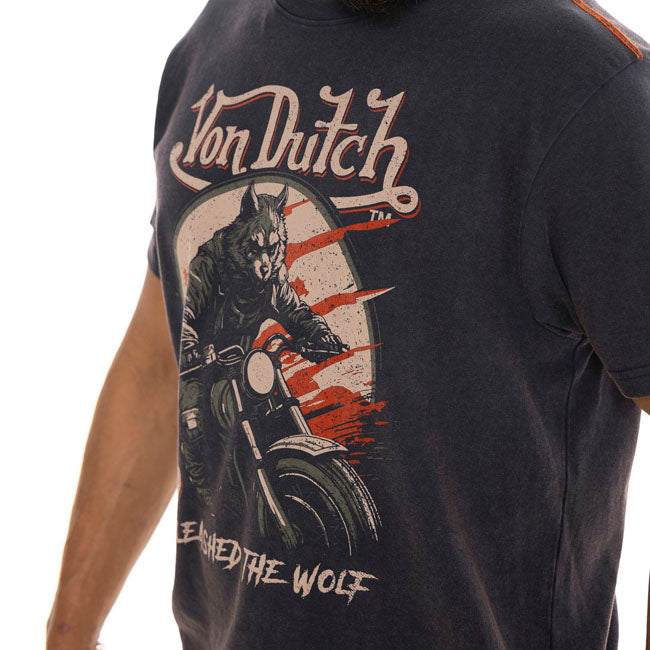 Von Dutch Wolfy Navy T Shirt Unisex Katoenen Streetwear Ontwerp Met Authentieke Motorcultuur