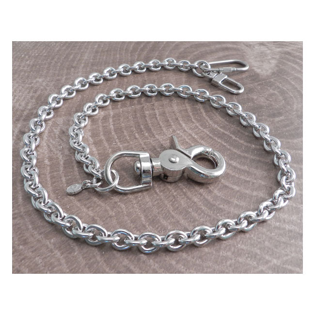 The Amigaz Link Round Wallet Chain is a nice; solid; medium weight chain with teardrop shaped links. A classic and clean look. Featuring chrome-plated steel chain; the Amigaz hardware (sturdy snap hook and dual wallet hook end-pieces) adds approximately 3" to the listed length of each wallet chain.
