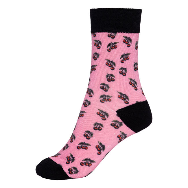 Bring pure summer vibes to your feet with these Queen Kerosin socks! The playful all-over design with cherries perfect for anyone who loves the summer vibes.  The soft material blend ensures maximum comfort; while elastic cuffs provide a secure fit. Whether for everyday wear; a festival; or a long trip - these socks make a statement of freedom and wanderlust. Queen Kerosin Socks with Cherry Motifs Detailed all-over design in rockabilly style Elastic cuffs for optimal fit Soft material blend for superior