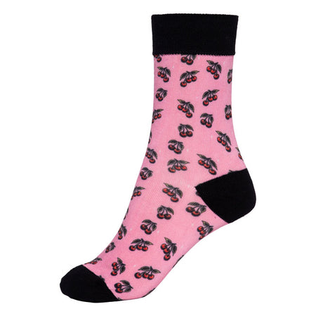 Bring pure summer vibes to your feet with these Queen Kerosin socks! The playful all-over design with cherries perfect for anyone who loves the summer vibes.  The soft material blend ensures maximum comfort; while elastic cuffs provide a secure fit. Whether for everyday wear; a festival; or a long trip - these socks make a statement of freedom and wanderlust. Queen Kerosin Socks with Cherry Motifs Detailed all-over design in rockabilly style Elastic cuffs for optimal fit Soft material blend for superior