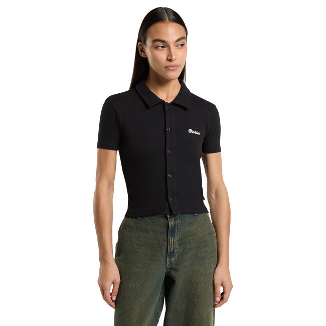 Dickies Tallasse BT Dames Polo T Shirt Zwart Slim Fit Met Stretch Gerecycled Katoen Geborduurd Logo Linker Borst