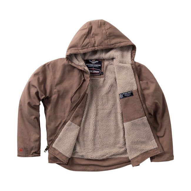 The WCC work jacket is crafted from heavy-duty black canvas and lined with thick sherpa insulation; it's built to handle the cold like a champ while keeping you wrapped in old-school American toughness. The comfort cut gives you room to move; whether you're swinging tools or just making your way through the day. A lined and insulated hood's got your head covered when the weather turns; while front hand pockets and a zippered chest pocket keep your gear close. Inside; you'll find two more pockets; one with a