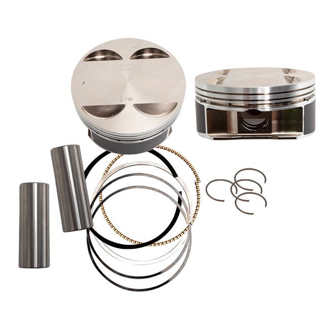 11.1:1 compression ratio. Piston kit includes forged pistons; rings; wristpins and clips. Crankcases do not require boring. Big bore 4.250" cylinders are required; OEM cylinders can not be bored to 4.250". 117" to 128" pistons come with 1.0805" deck height and are compatible with the OEM 4.500" stroke.  Note: See S&S 574121 (black wrinkle) or 547122 (black wrinkle with higlighted fins) for 4.250" big bore cylinders only.  Note: Gaskets are sold separately as 591055 head gaskets; 591054 base gaskets or 59105