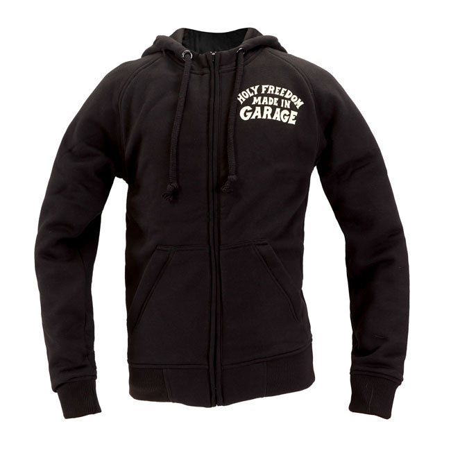 The Holy Freedom Japan Dream zip hoodie is built for the road; with an 80/20 cotton-poly outer and fully lined in breathable; perforated polyester. Designed for riders; it features internal pockets for shoulder; elbow; and back protectors; plus a water-repellent stash pocket. A full zip; raglan sleeves; and ribbed edges offer mobility and comfort; while bold back graphics and a heart-shaped detail keep it unmistakably Holy Freedom.