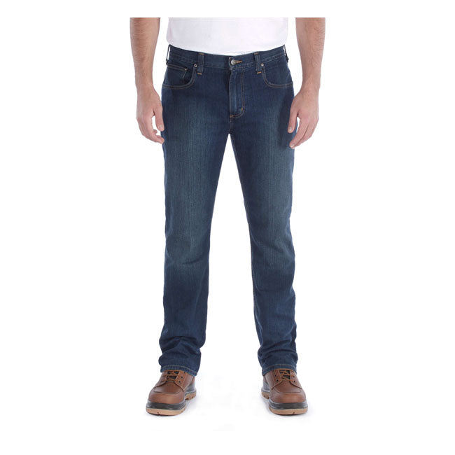 STRAIGHT FIT; TAPERED LEG ú 11.25 oz/ydý - 381 gsm ú 85% Cotton/14% Polyester/1% Elastane ú Rugged FlexT Denim ú Rugged FlexT - Eases movement ú Sits slightly below the waist ú Long Trousers ú Two front pockets ú Coin pocket in right front pocket ú Two reinforced back pockets ú Triple stitched main seams ú Stronger sewn-on-seam belt loops ú Carhartt label sewn on pocket