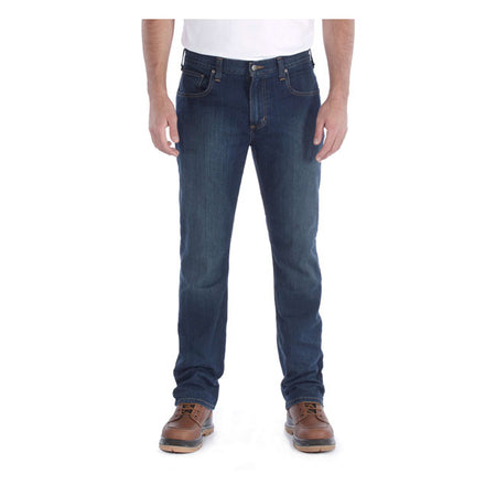 STRAIGHT FIT; TAPERED LEG ú 11.25 oz/ydý - 381 gsm ú 85% Cotton/14% Polyester/1% Elastane ú Rugged FlexT Denim ú Rugged FlexT - Eases movement ú Sits slightly below the waist ú Long Trousers ú Two front pockets ú Coin pocket in right front pocket ú Two reinforced back pockets ú Triple stitched main seams ú Stronger sewn-on-seam belt loops ú Carhartt label sewn on pocket