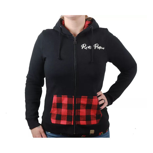 Rusty Pistons Turner Dames Zip Hoodie Zwart Rood Met Patches En Lederen Patch Binnen Fleece