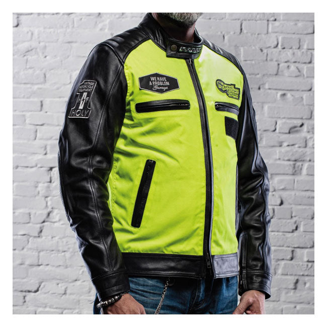 Holy Freedom Zero Vision Leren Jas Zwart Fluogeel CE Gekeurd Hoog Zichtbaar Waterafstotend