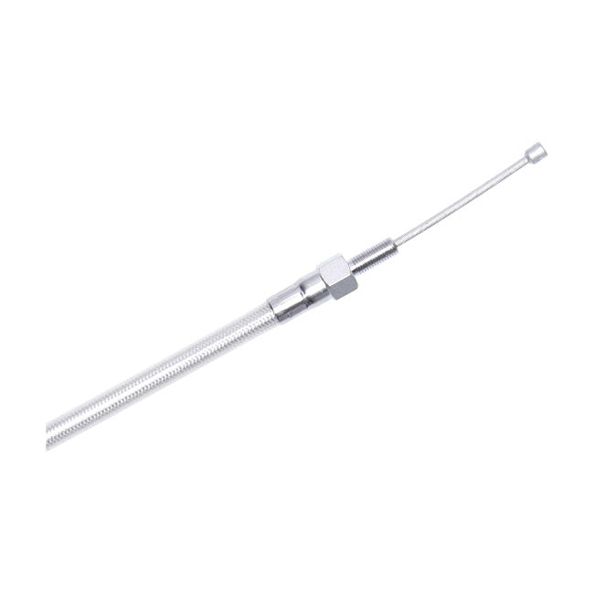 High efficiency clutch cable.  This Motorcycle Storehouse control cable comes in a ''chrome'' finish; with a braided stainless steel outer cable; with a clear protective coating; and chrome fittings.  Oversize or undersize lengths (longer/shorter than standard) is not given since many different standard lengths exist. Instead they is available in a range of custom lengths to best suit your stock or custom application.  Note: Dimensions as given are outer cable length; which includes the adjuster placed at 3