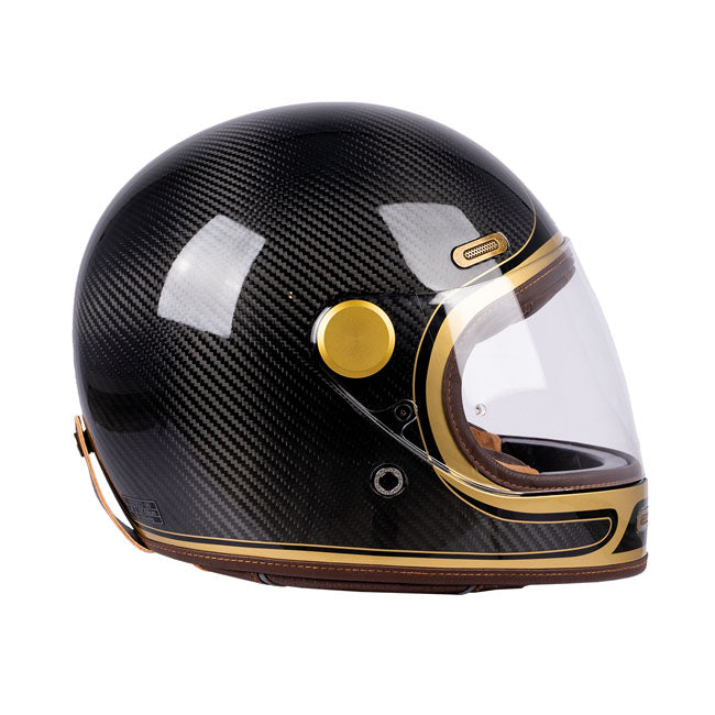 The By City Roadster III helmet blends timeless design with advanced safety. Crafted from carbon; it offers durability and a lightweight feel. The leather-finished; removable; and washable multi-density padding ensures maximum comfort; while ventilation inlets and a rear fastening system provide added functionality. The injected visor; anti-fog ready with by laminate; guarantees clear vision in any weather. A double buckle closure ensures a secure fit; and it's Bluetooth system ready for seamless connectivi