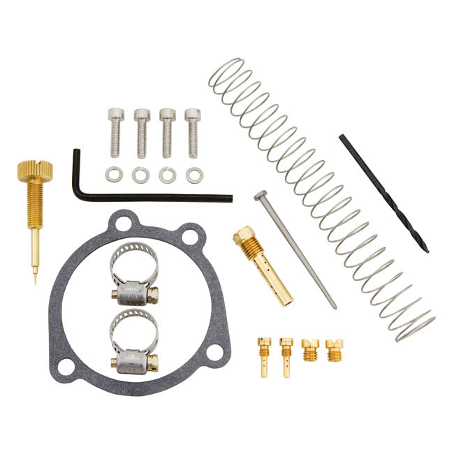 Recalibration kits for CV carburetors. The most complete kit available. Comes with a custom design needle; spring and vortex emulsion tube. Complete with idle & main jets for the specific model. Includes EZ-Just idle mixture screw; stainless floatbowl hardware and tuning instructions.