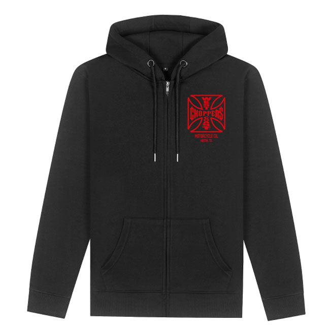Built for those who live fast and ride hard; the OG ATX zip hoodie from West Coast Choppers delivers heavyweight comfort with unapologetic style. This classic black zip-up features the iconic OG cross logo loud on the back and subtly on the chest; making a bold statement from every angle. Crafted from a thick; durable cotton blend; it's designed to keep you warm whether you're burning rubber; wrenching in the garage; or just kicking back between rides. With a drawstring hood; split kangaroo pockets; and a t