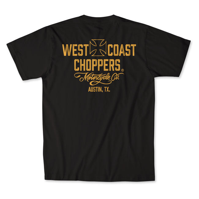 West Coast Choppers WCC Motorcycle T Shirt Zwart Geel Met Logo Voor En Achterkant 100 Procent Katoen