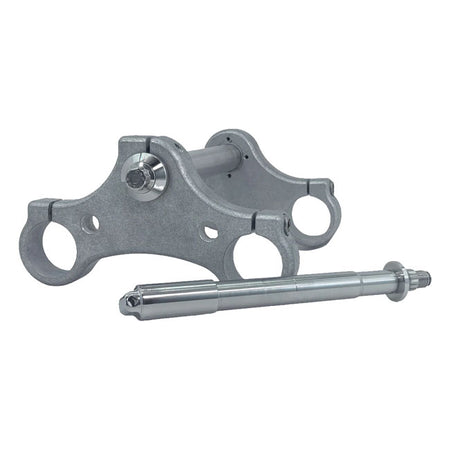 For use with 39mm diameter fork tubes. Gloss black powder coated. This is the ORIGINAL; but improved; Bare Knuckle Performance Super Narrow triple tree kit. These Super Narrow trees are 1" (2.54mm) narrower than a stock Narrow Glide with 6" (152.4mm) center to center distance of tubes; rather than 7" (177.8mm). Comes complete with steering stem; tapered flange washer; and an ARP stem bolt. - Great for building a classic Super Narrow bike - With integral steering stop mount holes - Drilled and counter bored 