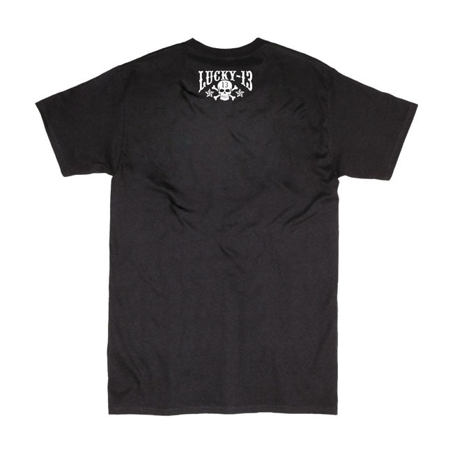 The Lucky 13 T-shirts are made with 6.1 ounce 100% soft-spun cotton. Features a rib knit collar; shoulder to shoulder taping and double needle sleeves. Most T-shirts have a nice back print with a small print on the front left. And otherwise they have a fron print and small back print in the middle. Check the whole collection and make up your mind.