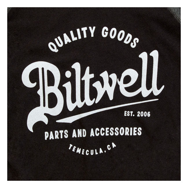 This Biltwell Script shirt features the classic Biltwell logo design that''s low-key and timeless. It's designed with raglan sleeves and a shirttail hem to give a sporty look with exceptional comfort. This semi-fitted; modern jersey is crafted from 4.5 oz. 100% combed ring spun cotton. Flatlock stitched contrast ribbed collar and raglan armholes. Contrast double needle hem raglan 3/4 sleeves with raw serge shirt tail bottom hem. Detailed with hand-screened water-based inks; woven clip tags and the irritatin