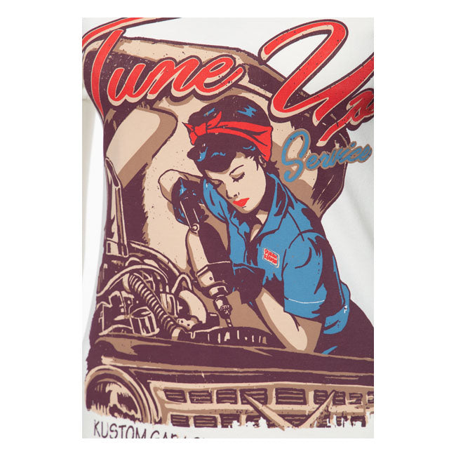 Queen Kerosin Tune Up T Shirt Off White Slim Fit Retro Auto Monteur Print Vintage Look