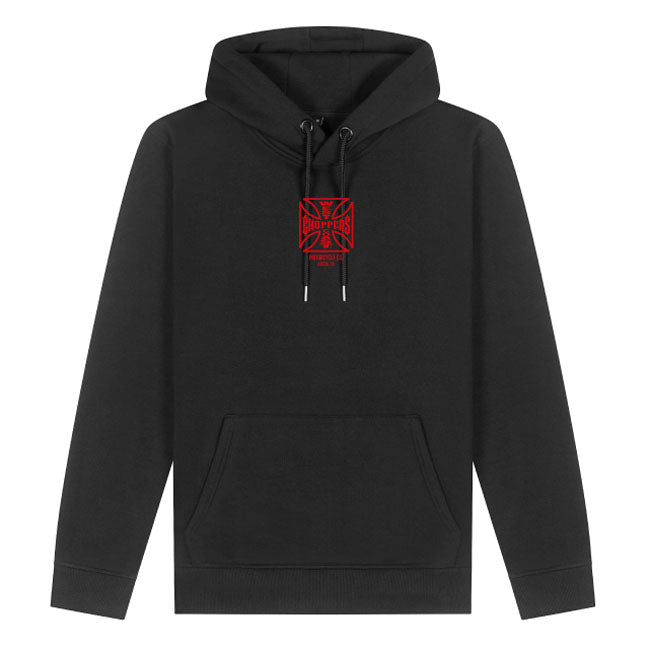 Built for those who live fast and ride hard; the OG ATX hoodie from West Coast Choppers delivers heavyweight comfort with unapologetic style. This classic black hoodie features the iconic OG cross logo loud on the back and subtly on the chest; making a bold statement from every angle. Crafted from a thick; durable cotton blend; it's designed to keep you warm whether you're burning rubber; wrenching in the garage; or just kicking back between rides. With a drawstring hood; split kangaroo pockets; and a true-