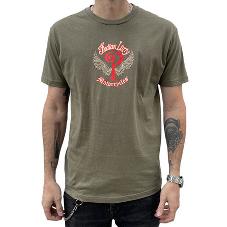Indian Larry was a born and raised New Yorker who discovered his passion for mechanics at a very early age. The Indian Larry Logo t-shirt is a rugged essential for those who live life on the throttle. Crafted from 100% pre-shrunk cotton; this t-shirt features the iconic Indian Larry logo both the front and back; standing out against the deep army green fabric. Designed and printed in New York; it embodies the raw spirit of chopper culture.