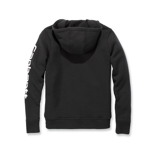Cold winter mornings are a lot more comfortable with this Carhartt female cozy hoodie. Made of heavyweight fleece; the sweatshirt is brushed on the inside for extra softness. It has a relaxed fit that allows for easy layering; and it''s finished with a Carhartt logo down the sleeve. Relaxed Fit Jersey lined three-piece hood with draw cord closure Long Sleeve Front hand warmer pockets with hidden media pocket Stretchable; elastane reinforced rib knit cuffs and waistband Carhartt "C Logo" soft hand plas