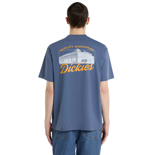The Dickies Wellsville t-shirt is a relaxed fit t-shirt with authentic Dickies detail and artwork. Made with a 230GSM flex cotton; this t-shirt features side seam Dickies label; small left hand chest Dickies script logo; and large script logo with factory photo print graphic on the back. A comfortable everyday piece with nods to our heritage.  Relaxed fit 100% cotton 230 GSM