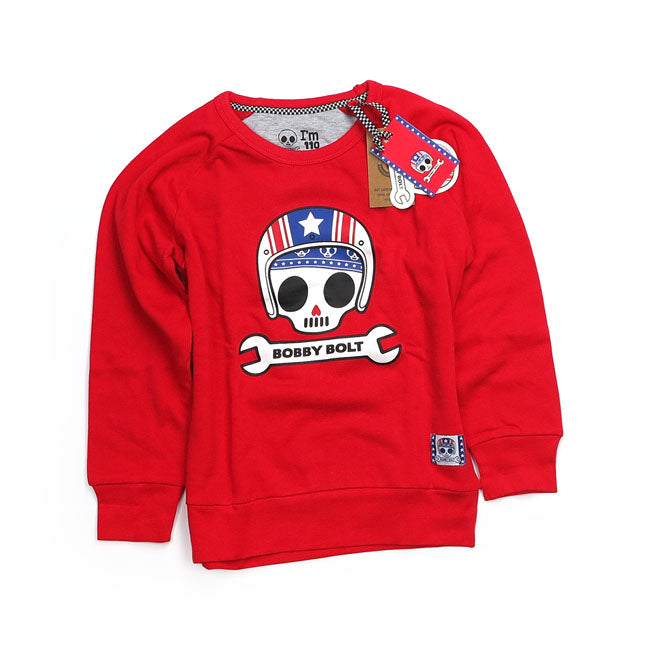 Bobby Bolt; born to be bold! Adventurous; streetwise; rebel; brave; naughty. For the next generation bikers we have the USA crewneck sweater made from soft 100% organic french terry cotton fabric for ultimate daily comfort. Be bold be brave!