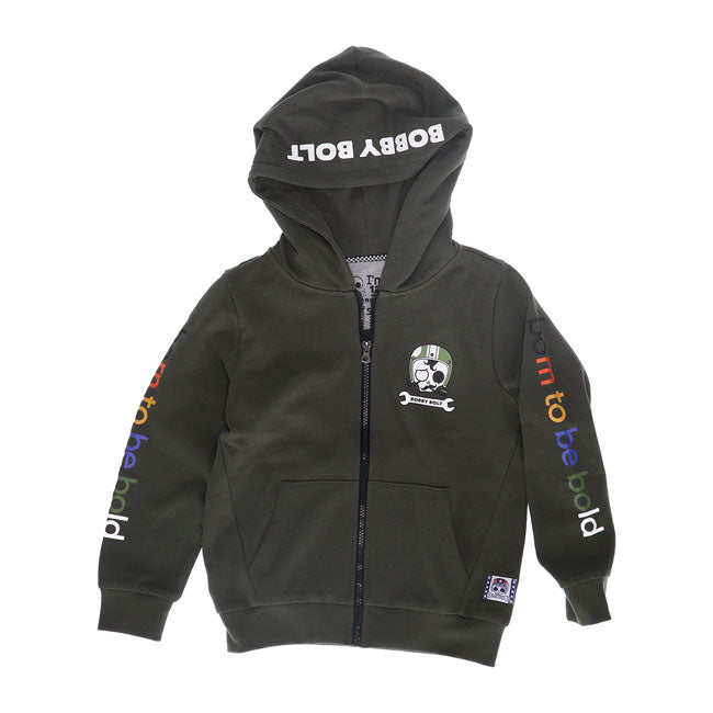 Bobby Bolt; born to be bold! Adventurous; streetwise; rebel; brave; naughty. For the coolest little humans we have this great full zip hoodie made from soft 100% organic french terry cotton fabric for ultimate daily comfort. Available in red; navy and army. Be bold be brave!