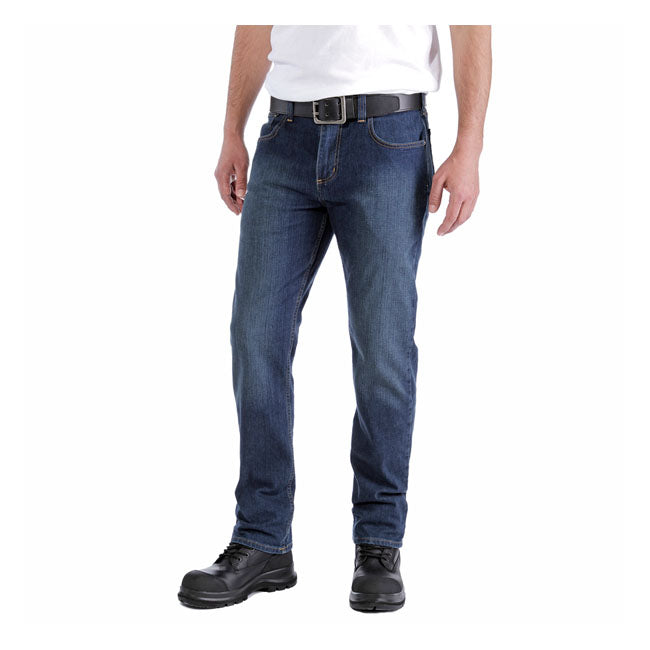 Double shifts or 14-hour days; these Carhartt straight jeans can stand up to almost anything. They''re made of our most durable; abrasion-resistant denim with enough stretch for easy movement. The straight-leg; relaxed fit jeans are cut with extra room in the seat and thigh. Relaxed fit; straight leg Rugged FlexT - Allows for more movement Comfortable fit through the seat and thigh with more room to move which sits slightly below the waist Two reinforced front pockets with coin pocket on wearers right s