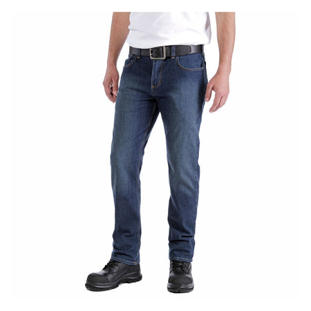 Double shifts or 14-hour days; these Carhartt straight jeans can stand up to almost anything. They''re made of our most durable; abrasion-resistant denim with enough stretch for easy movement. The straight-leg; relaxed fit jeans are cut with extra room in the seat and thigh. Relaxed fit; straight leg Rugged FlexT - Allows for more movement Comfortable fit through the seat and thigh with more room to move which sits slightly below the waist Two reinforced front pockets with coin pocket on wearers right s