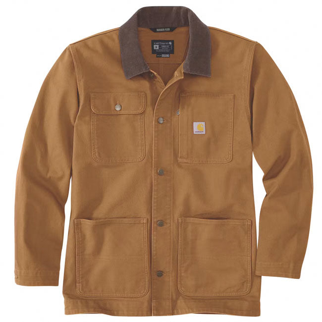 Carhartt Duck Loose Fit Chore Coat Bruin 12oz Rugged Flex Winddicht Met Corduroy Kraag