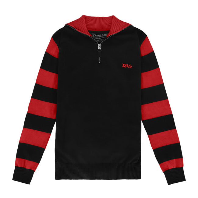 Born for the rebels; built for the road; the 13 1/2 Outlaw half-zip sweater is the perfect fusion of classic biker grit and everyday comfort. Inspired by the legendary motorcycle-club sweaters of the past; this piece is crafted from 100% premium cotton; delivering a tough yet lived-in feel. The half-zip design adds effortless edge; while the bold 13 1/2 branding on the back makes sure they see you coming. Whether you''re tearing up the asphalt or kicking back after the ride; this striped essential is a time