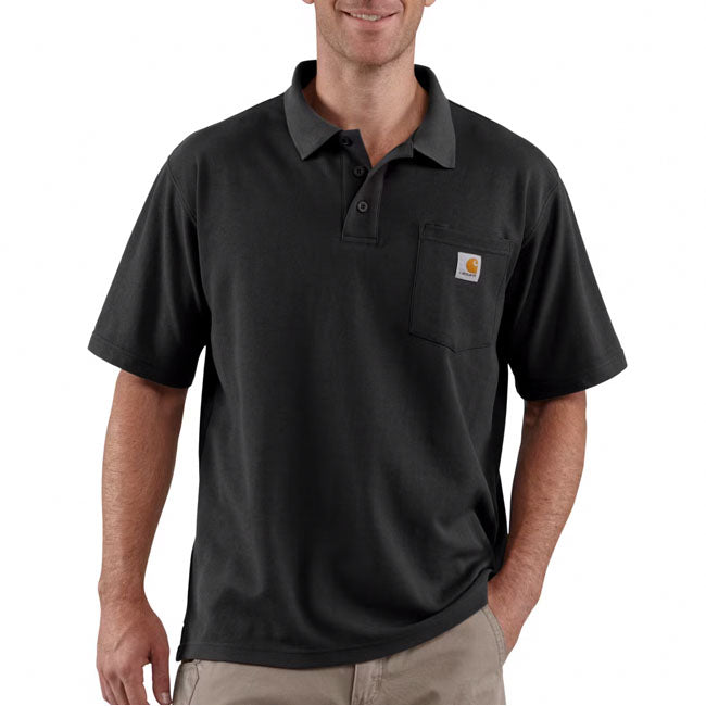 Loose fit ú 6 oz/ydý - 203 gsm ú 62% polyester/38% cotton ú pique ú no-roll rib knit collar ú short sleeve ú polo collar ú left-chest contractor''s work pocket with unique silo for pens; pencils or tools ú three-button front ú no cuffs for increased range of motion ú square bottom with side vents ú small split in side seams ú colour-fast fabric ú carhartt label sewn on pocket