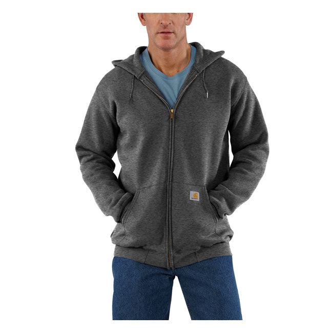 From job site to backyard barbecue; this Carhartt full zip hoodie offers easy-wearing warmth. Carhartt durability and familiar hoodie comfort mean you can swing an axe or flip a burger with equal ease. A midweight cotton blend offers everyday versatility. Loose Fit Attached three-piece hood with adjustable draw cord Long Sleeve Two lower front hand warmer pockets Full-length front zipper Stretchable; elastane reinforced rib knit cuffs and waistband Carhartt label sewn on pocket Woven 10.5 oz/ydý -
