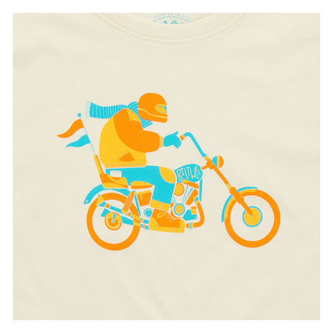 Jade Howdy a good friend of the Biltwell company has a unique illustration style. Biltwell thought it would be fun to go against the grain with this upbeat and whimsical design. 100% pre-shrunk 6oz cotton t-shirt is detailed with hand-screened water-based inks; woven clip tags and the irritating collar tag has been replaced by a screen-printed label. This the perfect female t-shirt; a luxuriously soft hand-feel that drapes beautifully in relaxed fit. This fashionable silhouette boasts a deep crew neckline w