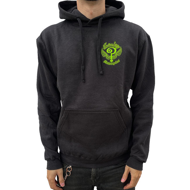 Indian Larry was a born and raised New Yorker who discovered his passion for mechanics at a very early age. The Indian Larry Slime hoodie is a rugged essential for those who live life on the throttle. Crafted from 100% pre-washed cotton; this hoodie features the Indian Larry logo both the front and back. Designed and printed in New York; it embodies the raw spirit of chopper culture.