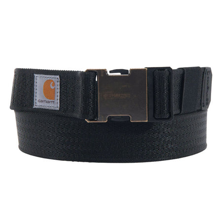 Built for movement; made to last. This Carhartt heavy-duty nylon belt features Rugged FlexT stretch for better mobility; a durable metal/plastic side-release buckle; and an elastic keeper loop. Rugged FlexT - Allows for more movement Metal/ plastic side release buckle Elastic keeper loop Carhartt label sewn on side Woven Heavy Duty Nylon 100% Nylon