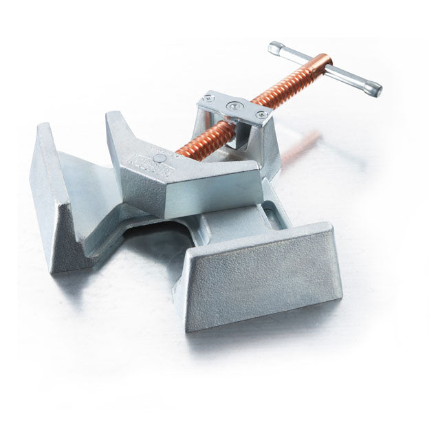 Max. opening: 2x120mm.  Max. material diameter: 100mm.  Jaw height: 61mm.  Jaw length: 120mm.  Weight: 7.8kg.  Used in steel construction work to hold and align materials at an exact 90ø angle prior to welding. The open style clamping jaws give best welding access. Jaws and base plated are zinc plated cast iron; the spindle thread is copper plated steel to prevent welding splatter from sticking.