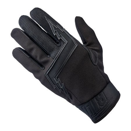 The ''80s were the Golden Age of American motocross; when advances in gear design and material technology moved even faster than the legends who wore the stuff. That era and those riders were the inspiration for these Biltwell Baja gloves.  - Goat leather palm and thumb reinforcement for added toughness in these high friction areas.  - Synthetic suede palm and thumb construction for a snug; comfortable fit.  - Stretch polyester construction on ring and pinkie fingers for maximum flexibility.  - Three-ply wo