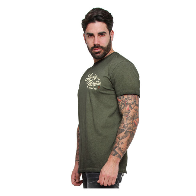 Lucky 13 Vintage Iron T Shirt Groen 100 Procent Katoen Met Print Op Borst En Rug