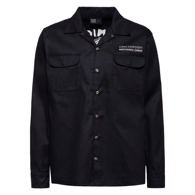 The King Kerosin workwear "Mechanic Crew" long-sleeved shirt brings authentic Kustom Kulture style to your look. The highlight is the large back embroidery with a cartoon-style mechanic motif and Long Beach California lettering; complemented by the subtle chest embroidery. Featuring a regular fit; back yoke; classic shirt collar; full-length button placket; and two chest pockets with flaps; it sits comfortably and can be worn open or closed thanks to the straight hem.