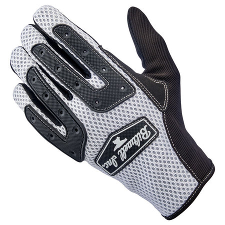 The Biltwell Anza gloves are 100-percent synthetic gloves that is built for aggressive off-road riding; but that doesn't mean you can't wear it on pavement. You can; and we know a bunch of high-performance street riders who do. The gloves combine comfort; durability; and function. A synthetic suede palm with two-way stretch ensures a snug fit; while the vented polyester back maximizes airflow. Flexible rubber knuckle guards add protection; and Lycra finger panels enhance dexterity. Conductive stitching allo