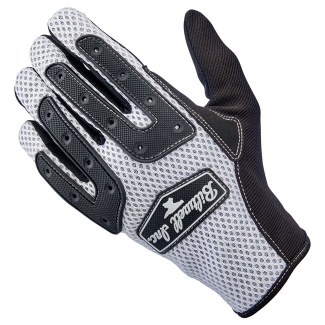 The Biltwell Anza gloves are 100-percent synthetic gloves that is built for aggressive off-road riding; but that doesn't mean you can't wear it on pavement. You can; and we know a bunch of high-performance street riders who do. The gloves combine comfort; durability; and function. A synthetic suede palm with two-way stretch ensures a snug fit; while the vented polyester back maximizes airflow. Flexible rubber knuckle guards add protection; and Lycra finger panels enhance dexterity. Conductive stitching allo