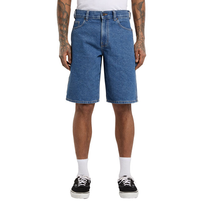 The Dickies 1993 11 Inch carpenter short jeans are a regular fit; straight legged denim carpenter short. Made out of 14oz slub cotton denim twill for durabilty and comfort; features include rounded front pockets; zip fly and shank button closure; patched back pockets; hammer loop; ruler and tool pocket; and woven Dickies label on back patch pocket. Durable; comfortable; and rooted in quality denim fabrication and construction. Regular fit 100% cotton