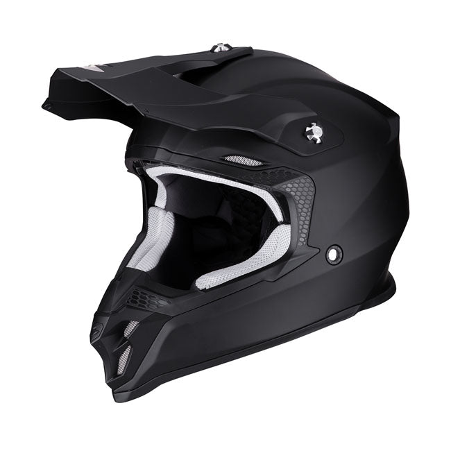 The Scorpion VX-16 Evo Air Solid motorcycle helmet is suitable for motocross and supermoto; and due to the ECE-2206 certification; it can also be used on public roads. The helmet is made of light and strong polycarbonate and comes in 2 shell sizes; namely XS-M and L-XXL. The EPS inner shell gives the helmet its impact-absorbing properties. The sun visor of the VX-16 is detachable without the need for tools. Thanks to the large opening; this MX helmet is suitable for all motocross goggles; with the rubber ed