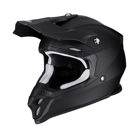 The Scorpion VX-16 Evo Air Solid motorcycle helmet is suitable for motocross and supermoto; and due to the ECE-2206 certification; it can also be used on public roads. The helmet is made of light and strong polycarbonate and comes in 2 shell sizes; namely XS-M and L-XXL. The EPS inner shell gives the helmet its impact-absorbing properties. The sun visor of the VX-16 is detachable without the need for tools. Thanks to the large opening; this MX helmet is suitable for all motocross goggles; with the rubber ed
